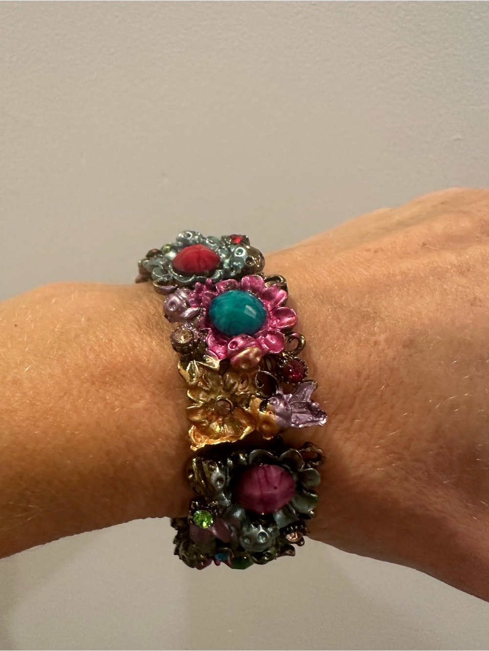 Vintage Floral Enamel Bead Multicolor Metal Bracelet